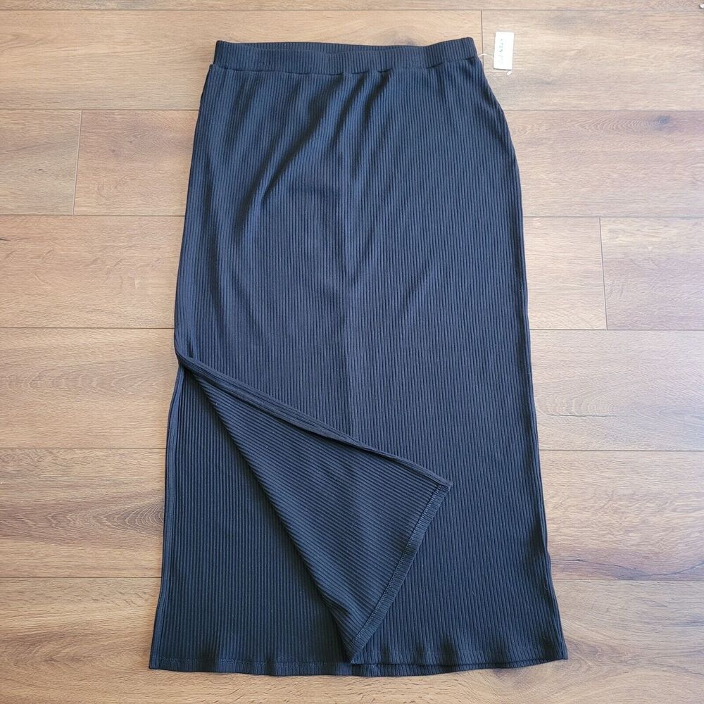 Old Navy Rib Knit Midi Skirt Large Black Fitted Pencil Side Slit Pull On NEW TAG